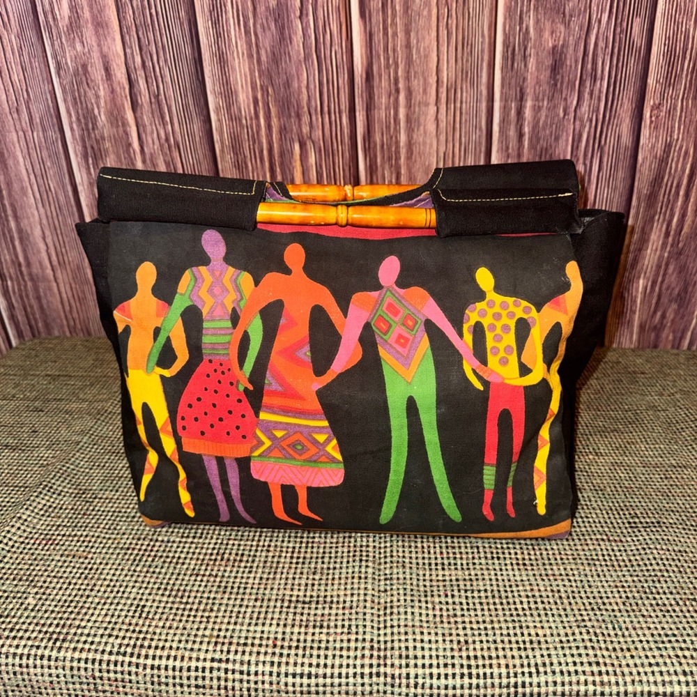 Vintage Laurel Burch Canvas Tote Bag Black Multicolor Large Wood Handles